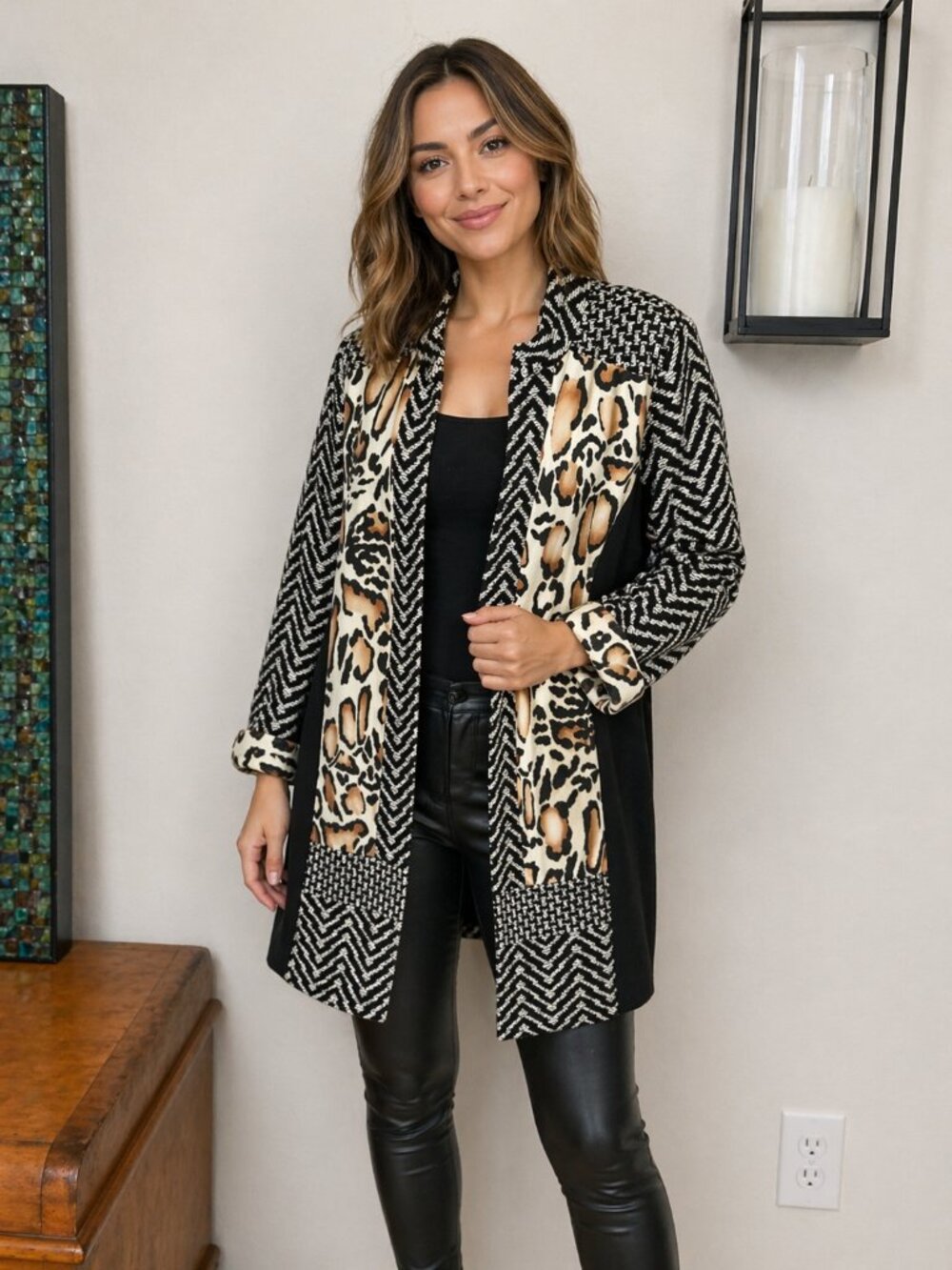 Chico’s Mixed Media Animal Print Jacket Open Front Black Neutral Statement Sz 0